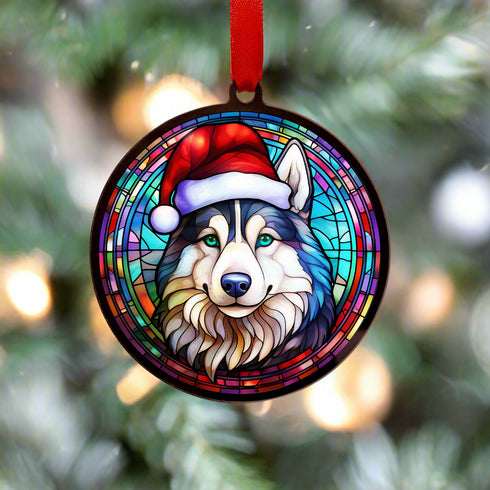 Husky in Santa Hat Suncatcher Decoration
